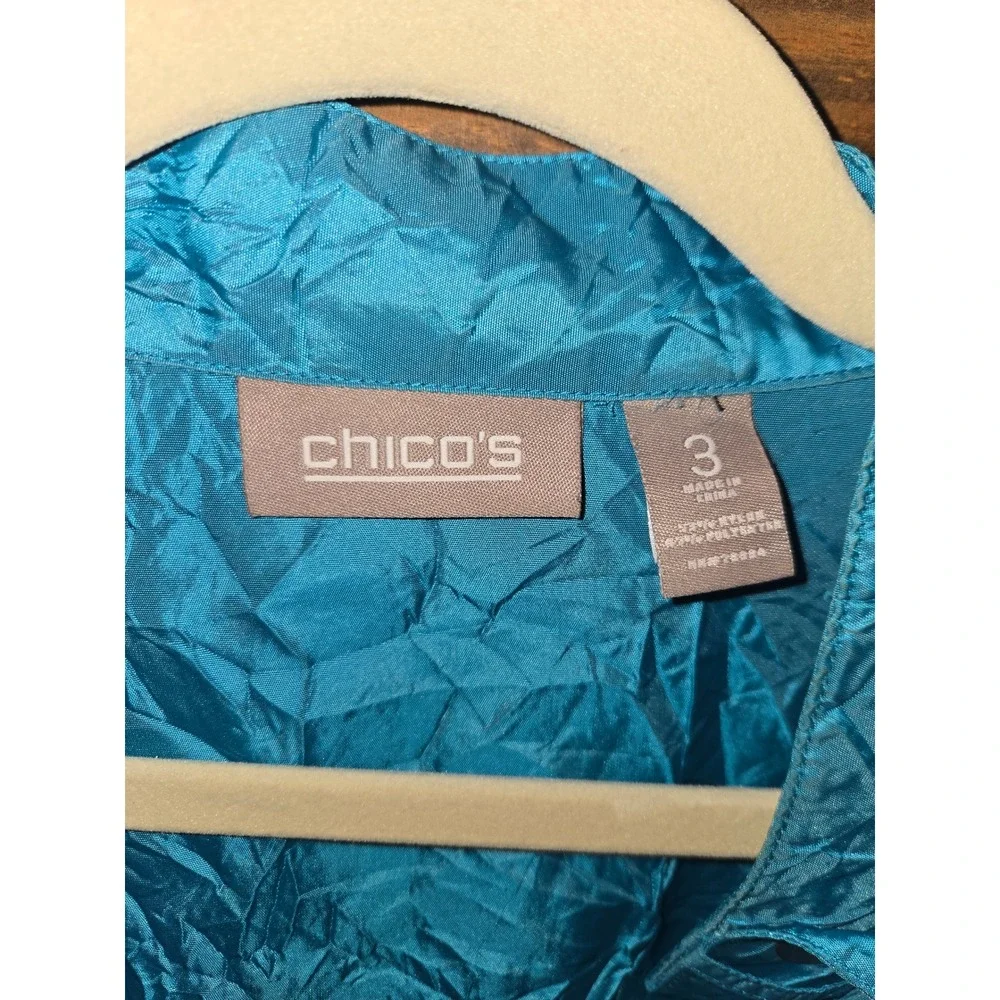 Chicos Blue Crinkle Ruffle Front Jacket Size 3‎ XL Lightweight Shimmer Peplum